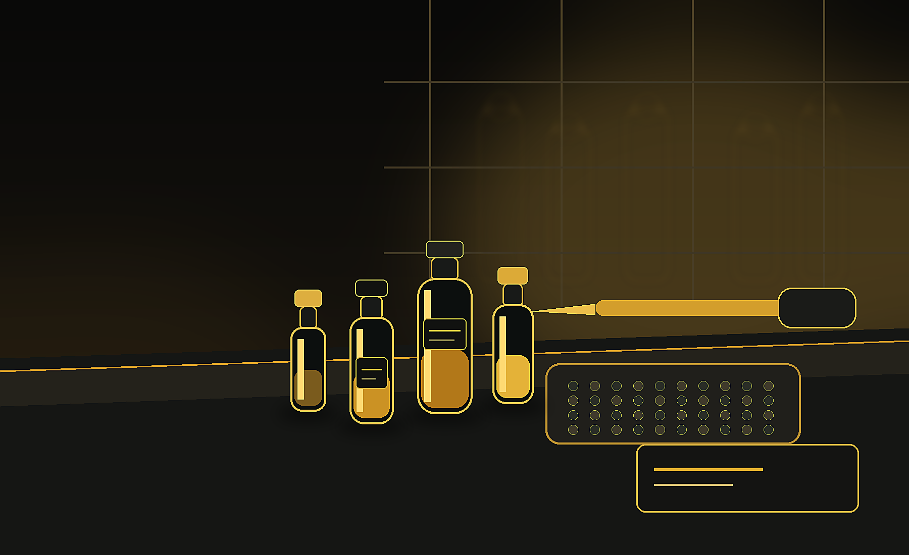 Black and gold research compound bottles in a premium laboratory setting