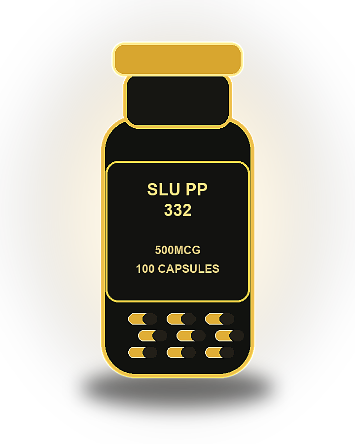 Gold product bottle labeled SLU PP 332